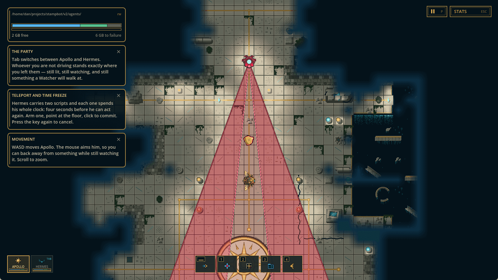A Watcher at the top of the hall throws a long red cone down the gold route, with both Apollo and Hermes standing inside it.