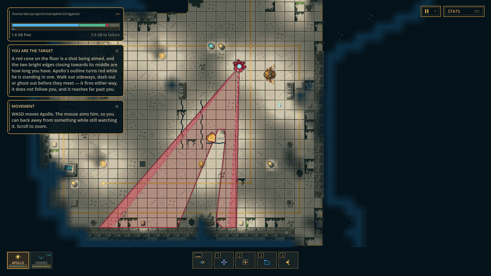 A cone with a wedge cut out where cover blocks the rays. Apollo stands at the edge with a red outline, and the RAM bar shows a sliver of junk.