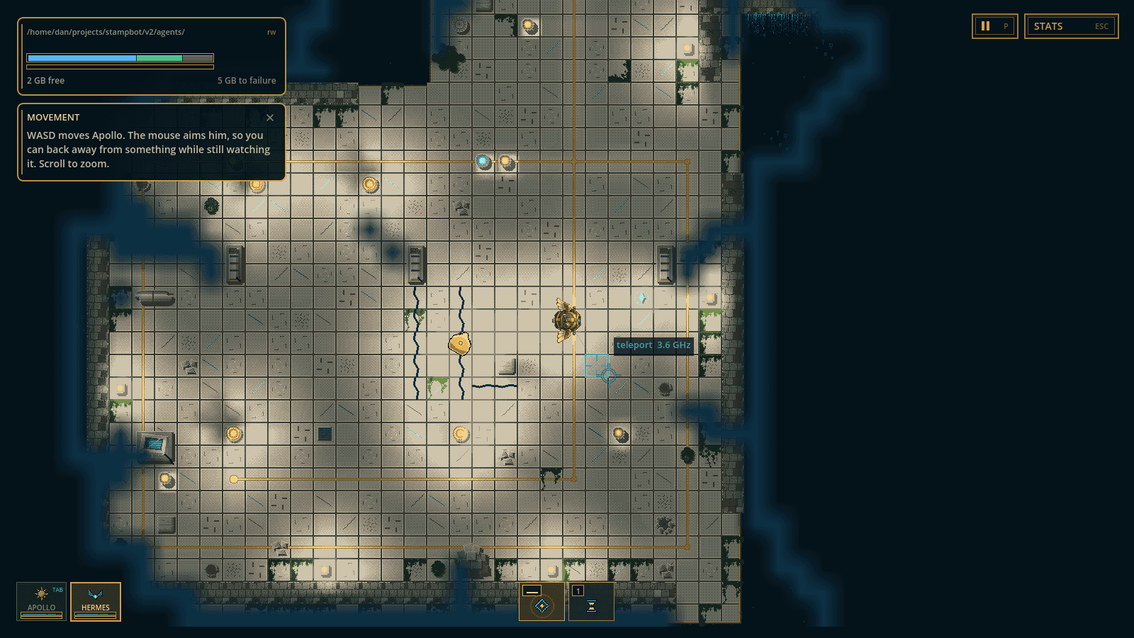 Hermes is selected in the party bar. A teal crosshair on the floor shows where Teleport would put him.