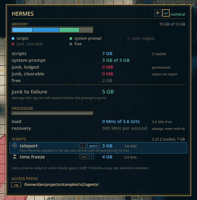Hermes' stats sheet: memory bar, processor gauge, scripts, and access path.