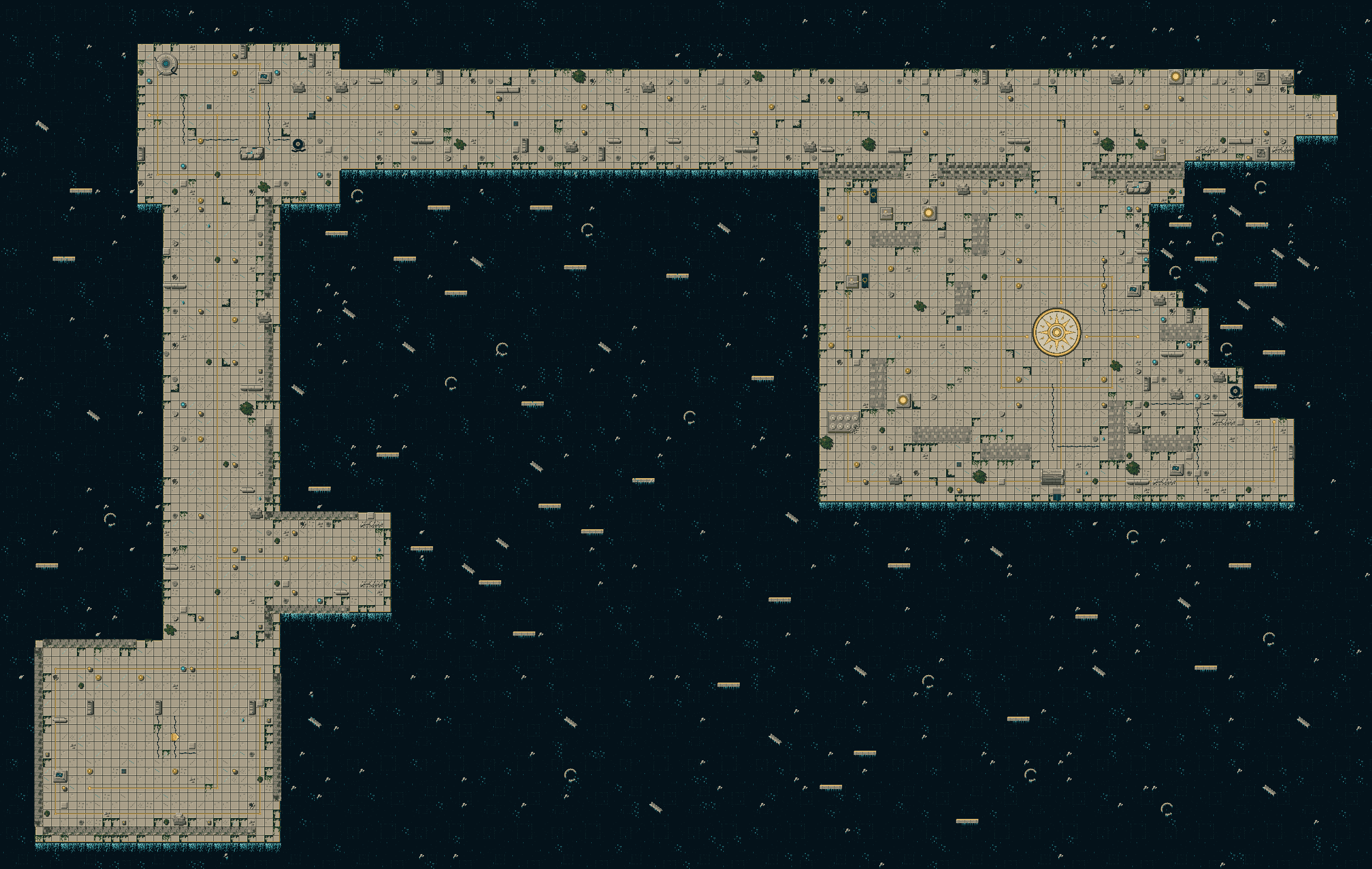 The whole tutorial level from above: starting cell, colonnade, walkway, and the great hall with its sun rosette.